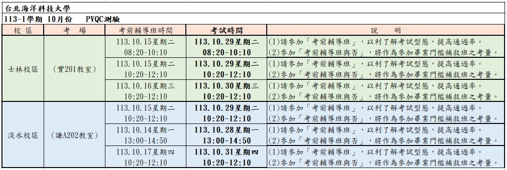 113-1學期10月份pvqc考試資訊